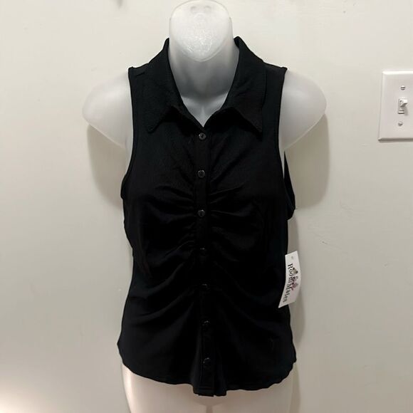 Roommates Ruched Collared Black Button Up Tank Top Shirt Blouse Large L NWT - Picture 1 of 8